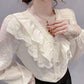 Women Summer Petal Sleeve Hollow Out Flower Lace Patchwork Shirt Slim Elegant Female Versatile Blouse Chic Button Top