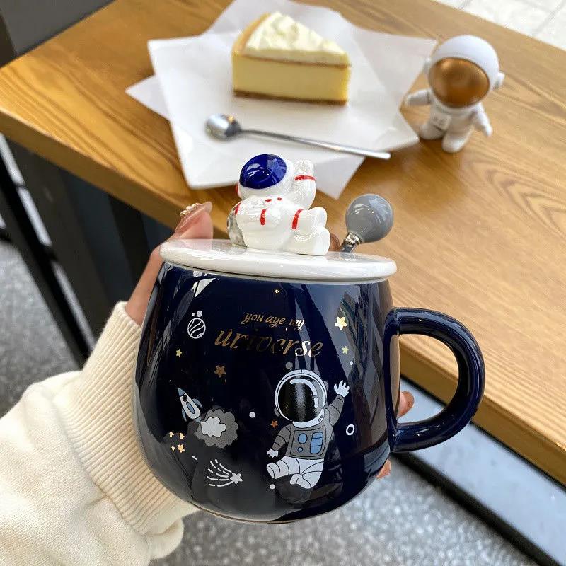 Starry Sky Mug with Lid Spoon Astronaut Ceramic Cup Nordic Male and Female Students Milk Coffee Cup Couple Cup