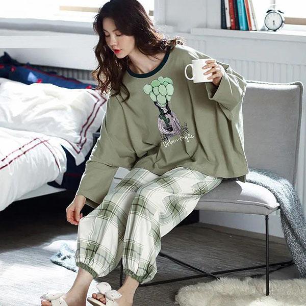 Large Size Pajamas Female Spring and Autumn Soft Pajamas Cute Cartoon Pajamas Home Wear Suit Two Pieces Set Sleepwear