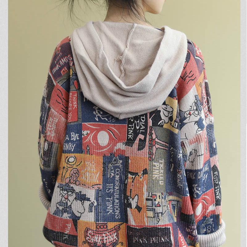 High Quality Core Yarn Printing Was Thin Hooded Knitted Pullover Sweater Coat Women