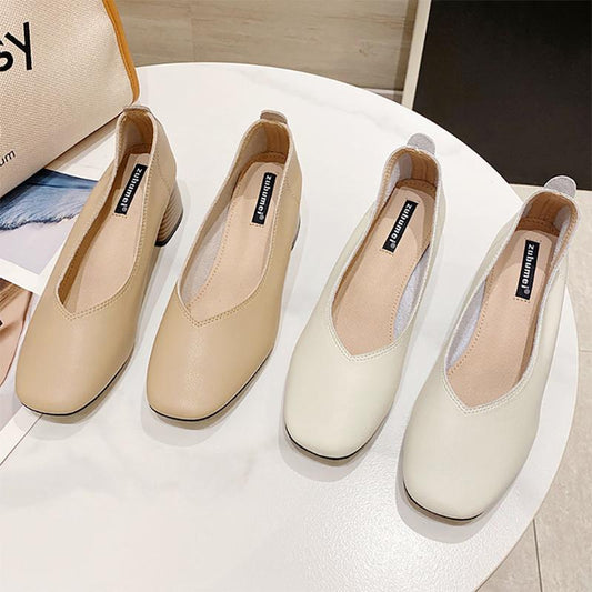 Square Toe Thick Heel Shoes Korean Casual Leather Shoes Soft Sole Temperament Soft Leather Women's Shoes Casual Shoes