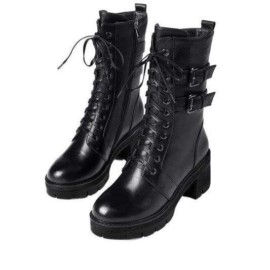 Martin Boots Woman Spring and Autumn Thick with British Style Korean Style Single Boots Rivet Shoes Black Boots