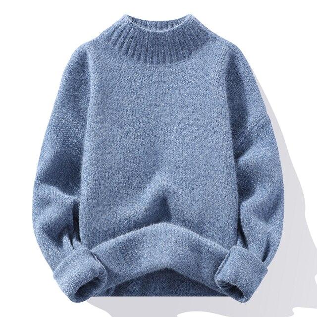 Men's  Sweater Autumn and Winter Thickened Imitation Mink Cashmere Korean Fashion Personality Semi-High Neck Knitted Sweater