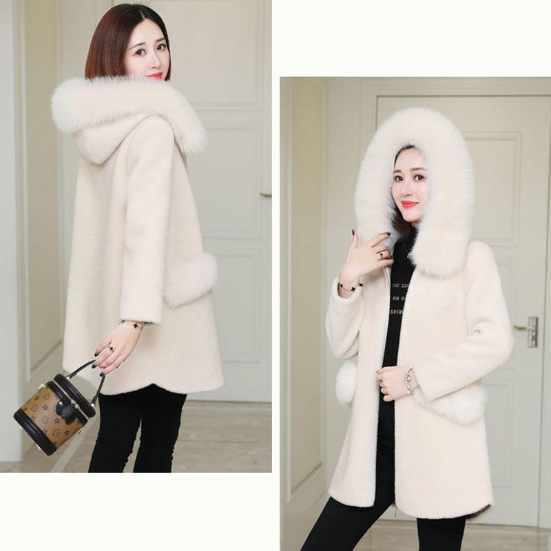 Autumn and Winter Sheep Shearing Coat Imitation Fox Fur Collar Loose Thick Coat Mid-length Casual Female Fur