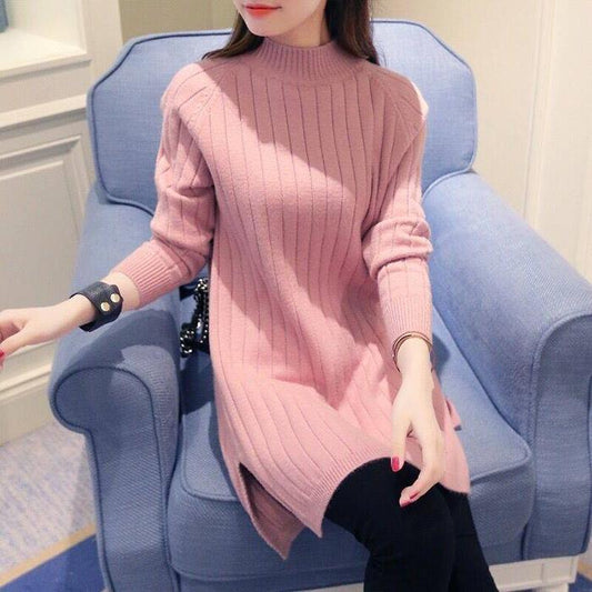 Women Round Collar Warm Pullover Sweater Dress Stripe Knitted Bottoming Shirt Knit Dress