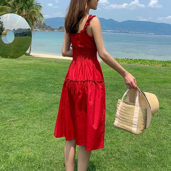 Women Retro Thin Red Elastic Waist Strap Dress Below The Knee Sling Dresses Beach Dress