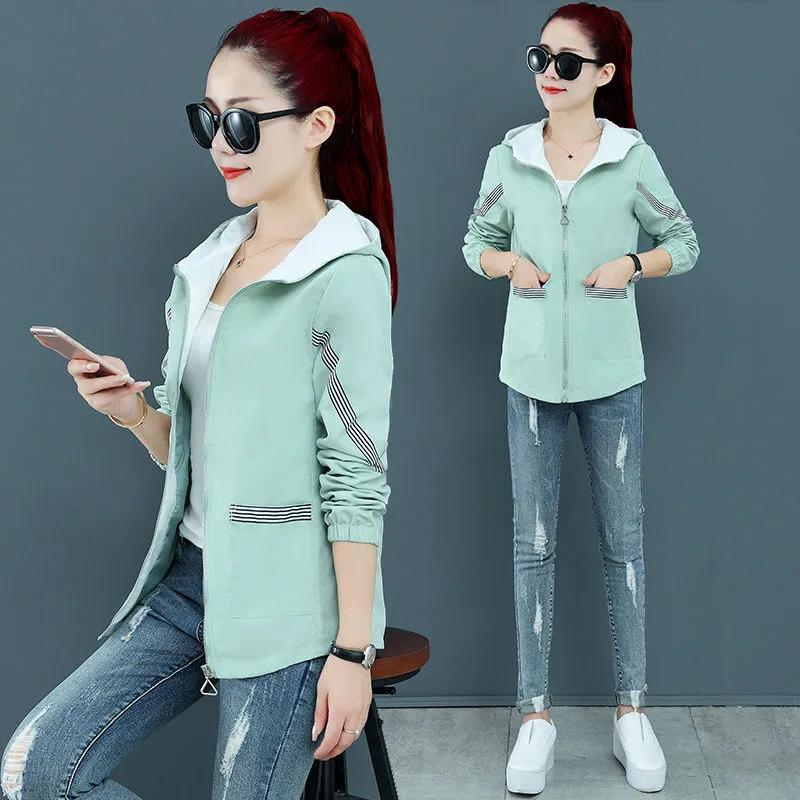 Spring & Fall Women Jacket Slim Hooded Coat Solid Casual Windbreaker Boutique Parka Regular