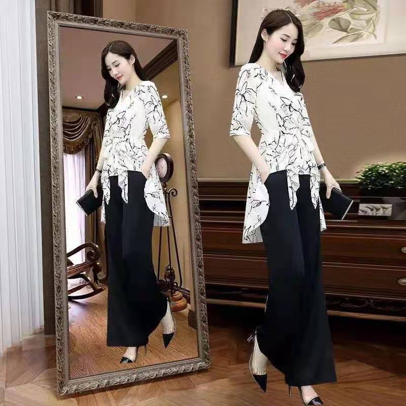 High-waist Wide-leg Pants Suit Summer Plus Size Suit Vertical Wide-leg Pants V-neck Short-sleeved Top Waist Slimming Casual Suit