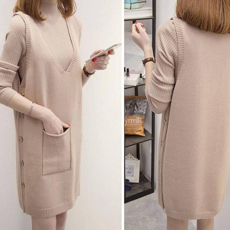 Winter Clothing WOMEN'S Knitted Vest Dress Over-the-Knee Sweater Long Skirts Fashion Dress