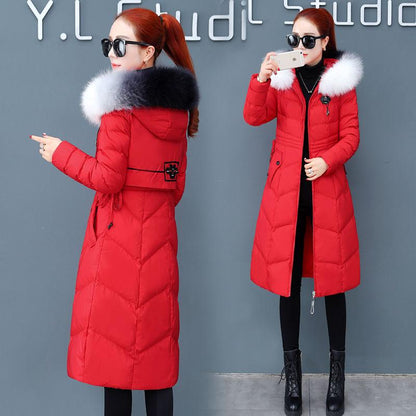 Winter Fashion Trend Big Fur Collar Women's Clothing Over The Knee Mid-length Warm and Slim Korean Cotton Jacket