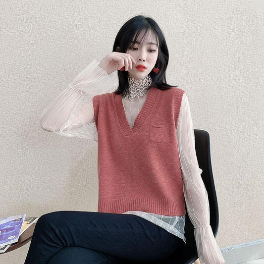 Autumn and Winter Small Pocket V-neck Vest Knitted Loose Cropped Top Sleeveless Waistcoat Women Sweater