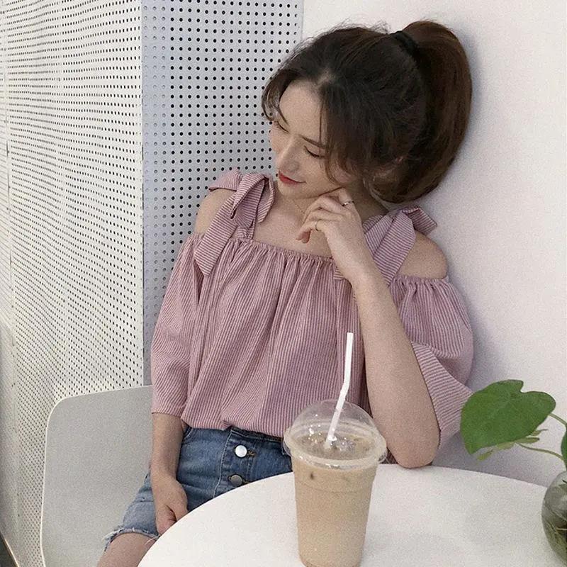 Striped Shirt Women's Lace-up Short-sleeved Shirt Loose One-shoulder Top Chiffon Loose Sweet and Elegant Ladies Off-shoulder Shirt