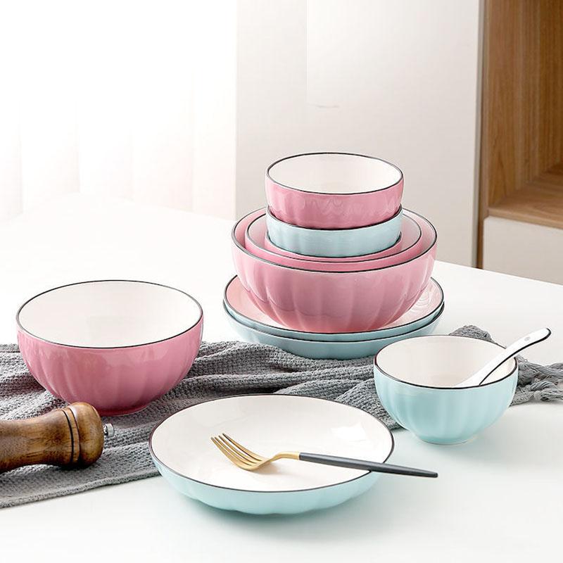 Household Dishes Set Creative Ceramic Bowl Plate Japanese Noodle Soup Bowl Eating Bowl Pumpkin Bowl Plate Dinner Plate Dish