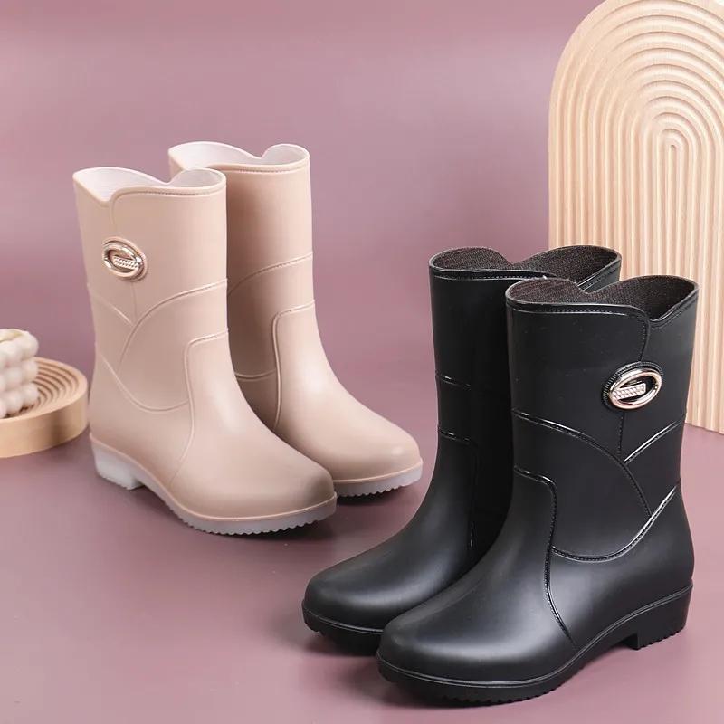 Fashion Mid-tube Rain Boots Women's Short Tube Water Shoes Rain Boots Waterproof Overshoes Non-slip Plastic Shoes