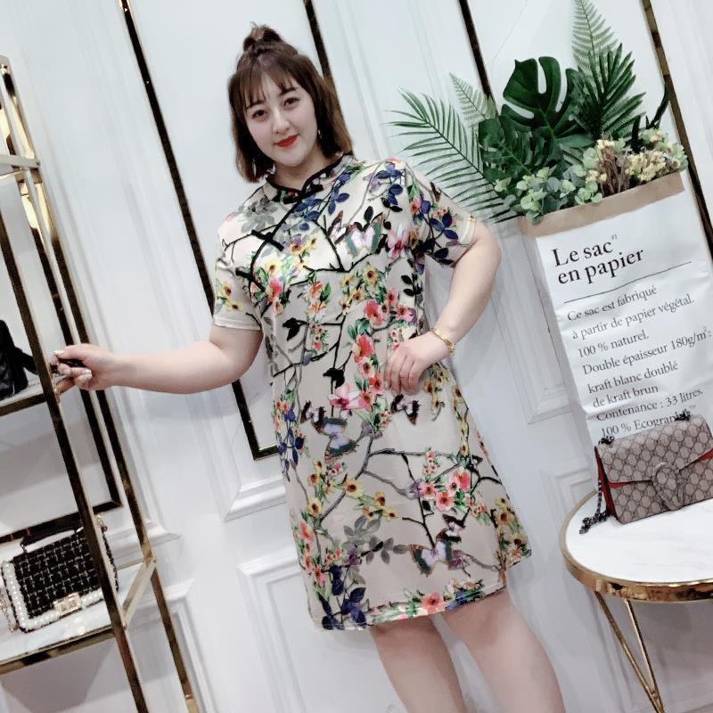 115 Kg Plus Size Women's Summer Dress Fat Sister Retro Temperament Loose and Thin Cheongsam Skirt Dress