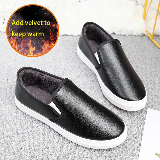 Plush Cotton Shoes Women's Flat Bottom All-match Non-slip Warmth Casual Shoes One Pedal Lazy Leather Waterproof Loafers Women Winter