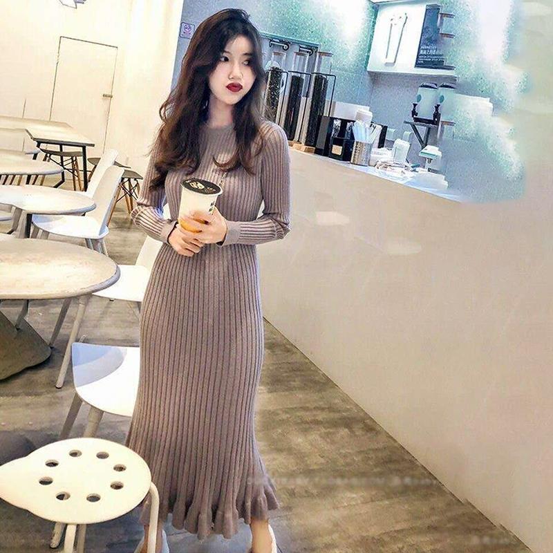 Long Over-the-knee Lazy Knit Sweater Large Swing Dress Slim Fit Versatile Bottomed Fishtail Skirt Women's Long Sweater Comfortable and Warm