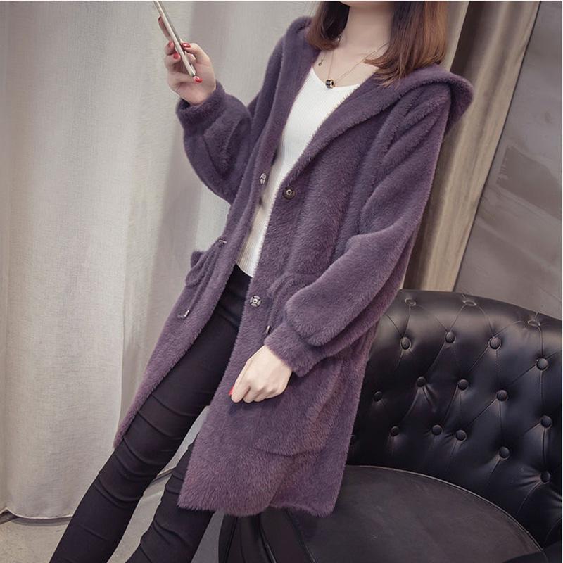 Autumn and Winter Knitted Cardigan Coat Korean Style Hooded Loose Sweater Mid-length Popular Coat Women