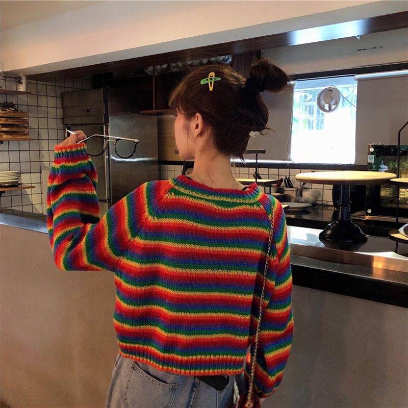 Rainbow Striped Sweaters Women Jumpers Knitted crew neck loose Pullover Long Sleeve Female