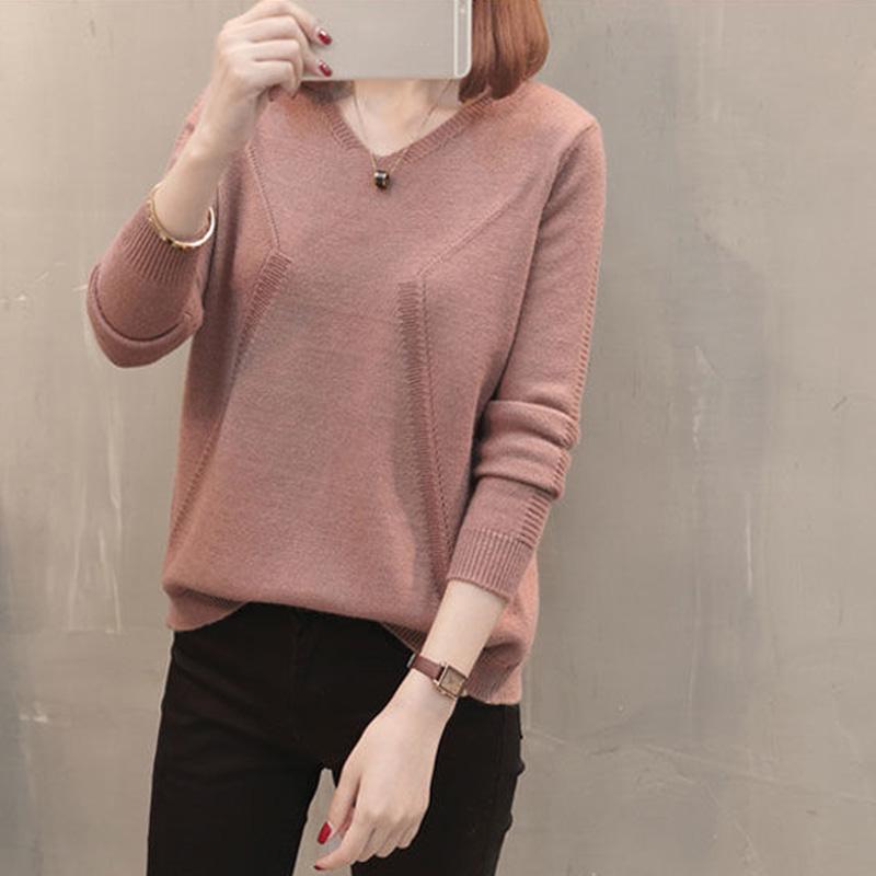 Sweater Pullover Korean Loose Temperament Top V-neck Bottomed Sweater Autumn and Winter Thread Fashion Women