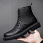 Martin Boots Men's High-top Autumn and Winter Short Boots Tooling Boots Black Plus Velvet Leather British Style Mid-top Boots Boyfriend Shoes