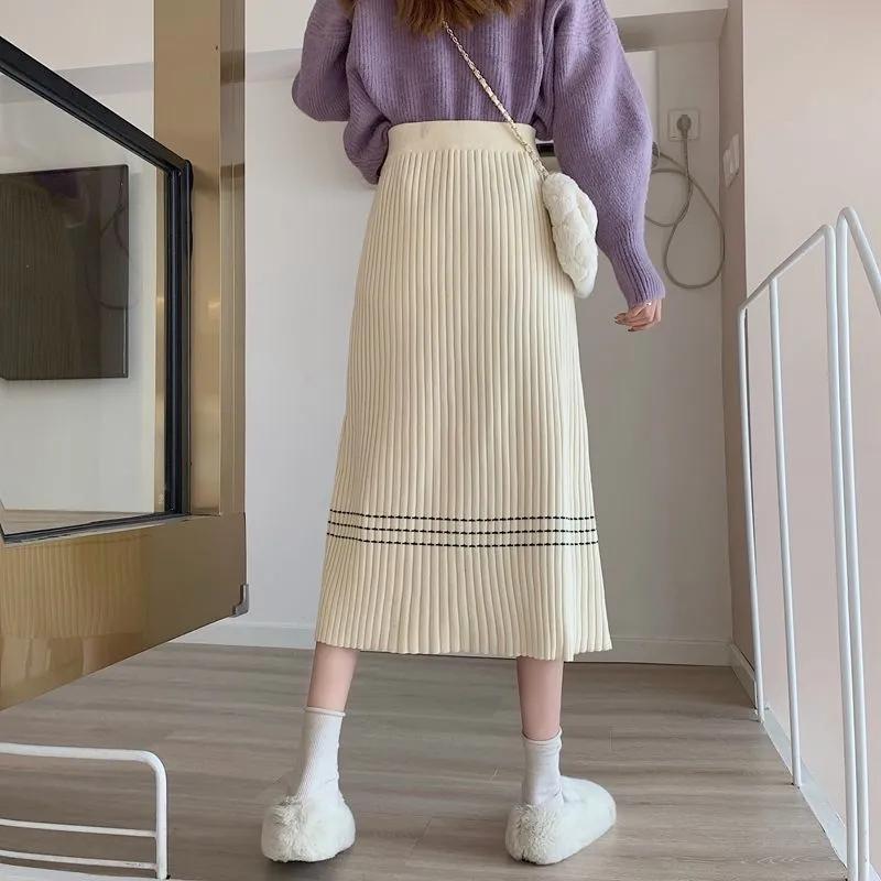 Knitted Skirt Autumn and Winter Women's High Waist Mid-length All-match A-line Skirt Covering Crotch