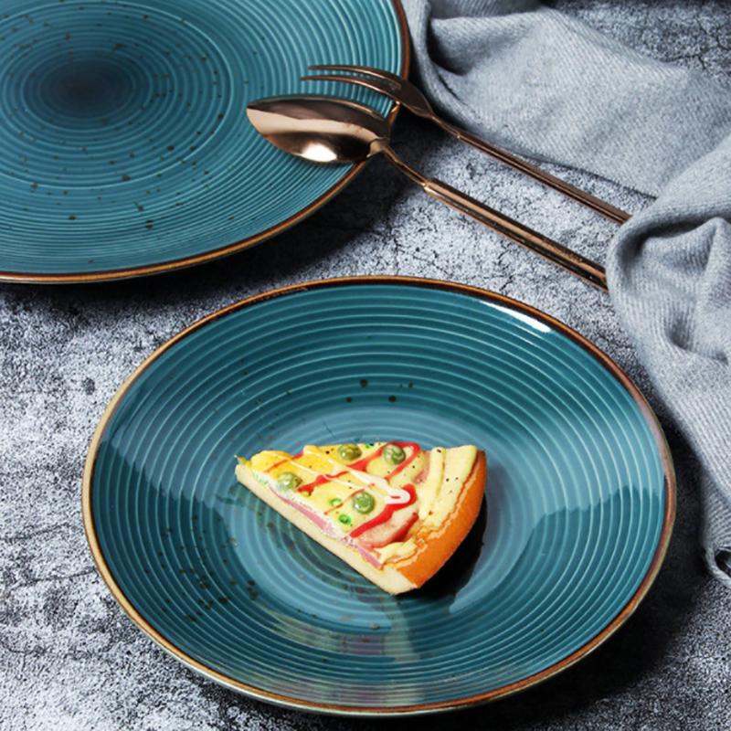 Nordic Style Simple Ceramic Plate Thread Pitted Household Dish Steak Plate Dark Green Salad Plate Disc