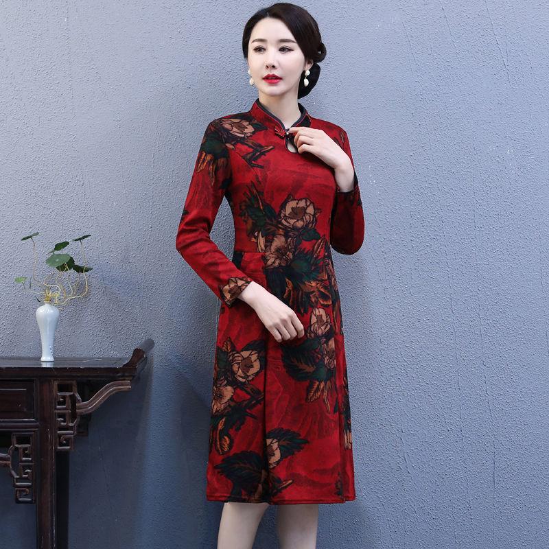 Women's Mid-skirt Chinese Style Long Cheongsam Dresses Retro Knee-length Skirt Summer Slimming Dress Dinner Dresses