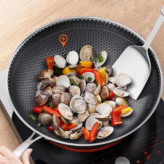 Three - Layer Stainless Steel Wok No Oil Smoke Non - Stick Pan Flat Bottom Home Cooking Pot Gas