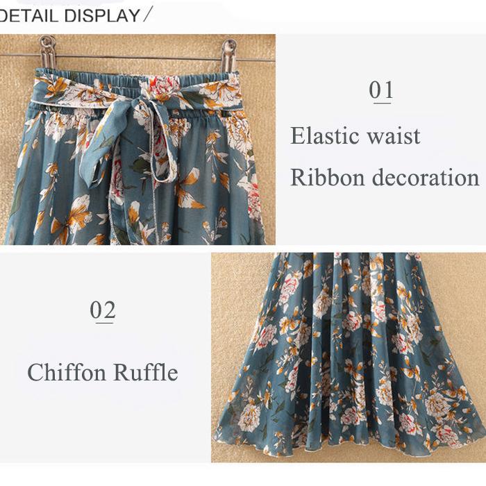 Women's High Waist Mid-length A-line Draping Ruffled Skirt Chiffon Fairy Dress Pleated Floral Skirt Summer