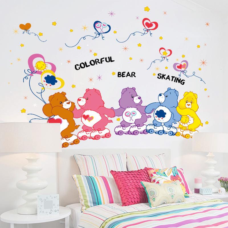 Colorful skating bear cartoon wall stickers background decorative stickers bear family wallpaper