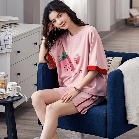 Pajamas women's summer short-sleeved loose-fitting pajamas shorts 100% cotton casual home service