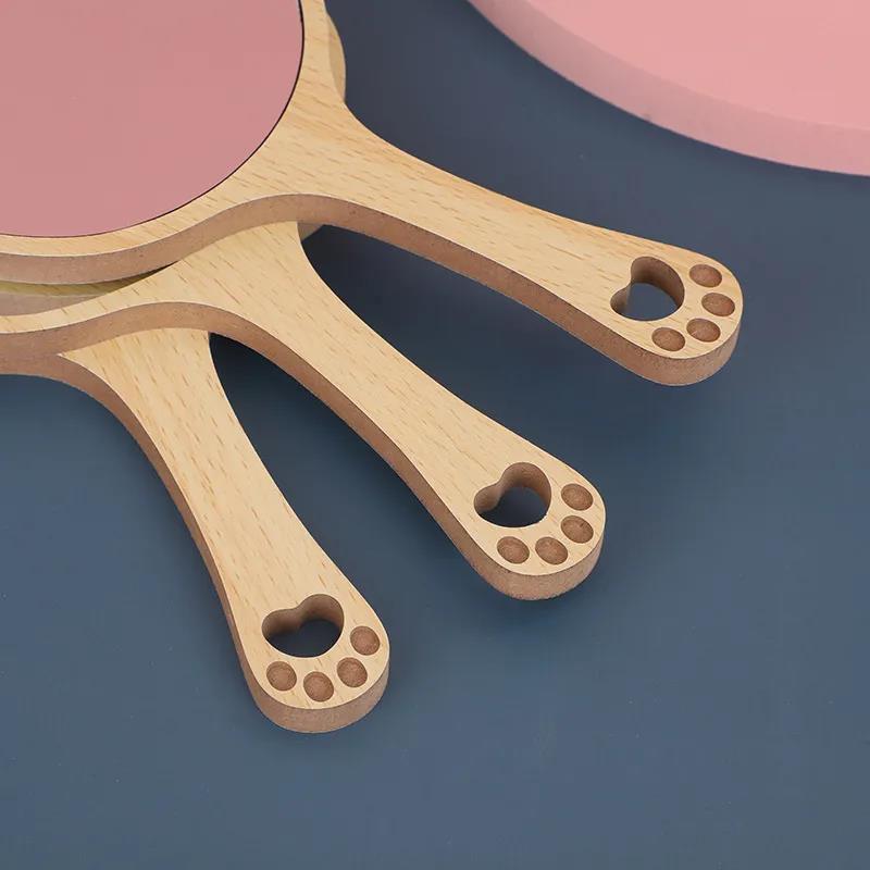 Wooden Cute Women Hand-held Makeup Mirror Portable HD Travel Long Handle Various Animal Shape