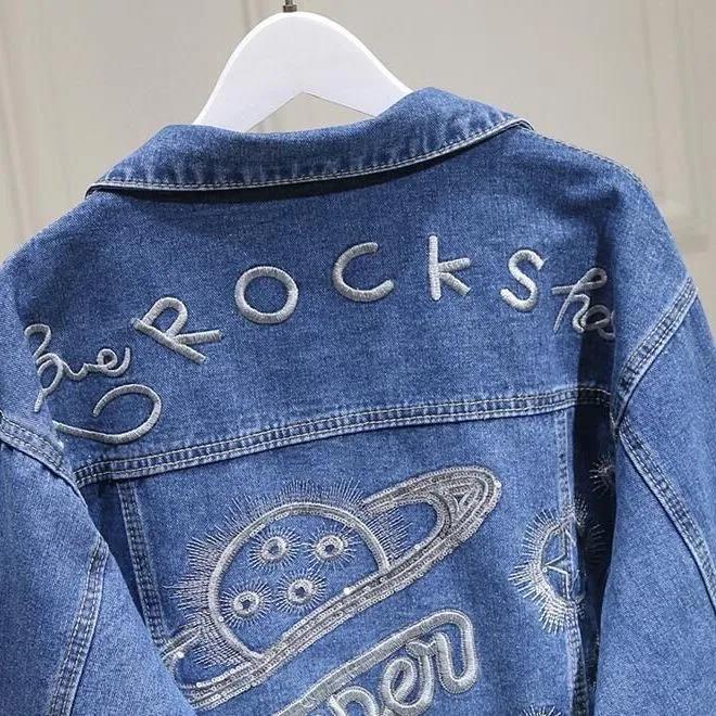 Denim Jacket Women's Spring and Autumn Style Back Sequin Embroidery Student Fashion Loose Top