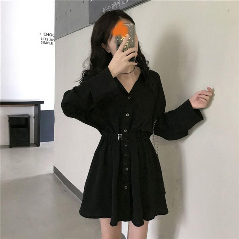 Spring and Autumn Clothing Lightly Cooked Hepburn Style Design Sense Small Black Skirt Waist Slimming Long-sleeved Dress Women