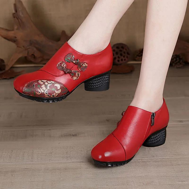 Single Shoes Women 2021 All-match Thick Heel Spring and Autumn Shoes Deep Soft Leather Middle-aged and Elderly Women's Shoes