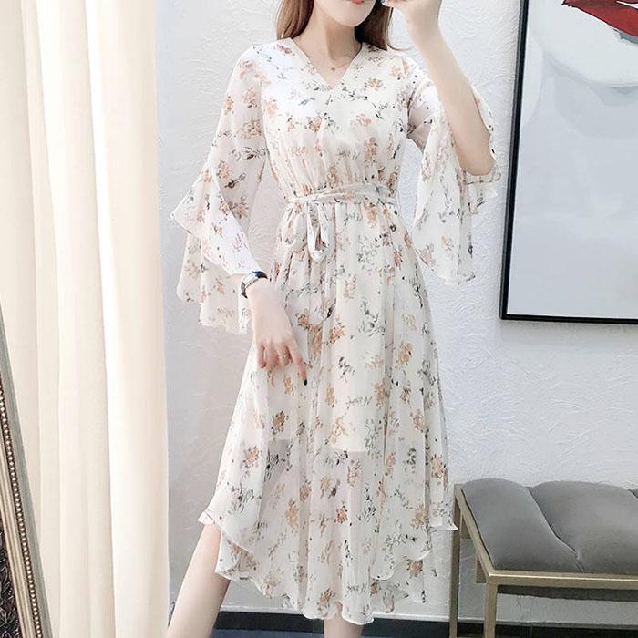 Pofulove M-4XL Women Summer Floral Chiffon Dress Slim Short-sleeved V-neck A-line Beach Dresses