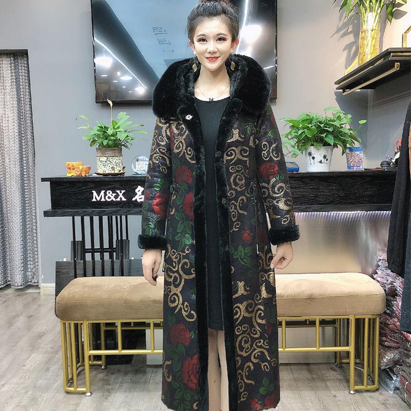 Vintage  Printed Faux Fur Coats Women's Long Calf-length  Flocking Reversible Faux Fur Coats