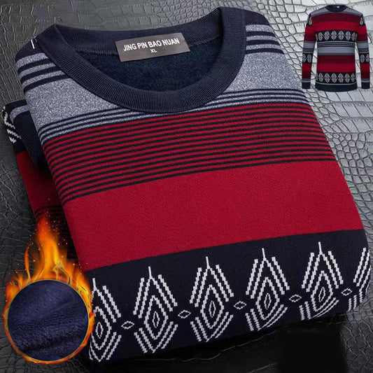 WTEMPO Winter Pullover Cashmere Padded Warm Shirt Soft and Comfortable Pullover Striped Shirt for Men