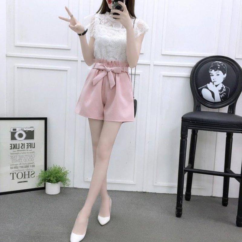 Women Thin High Quality O-Neck Cotton Lace T-Shirt+High Waist Elastic Shorts Two Piece Set