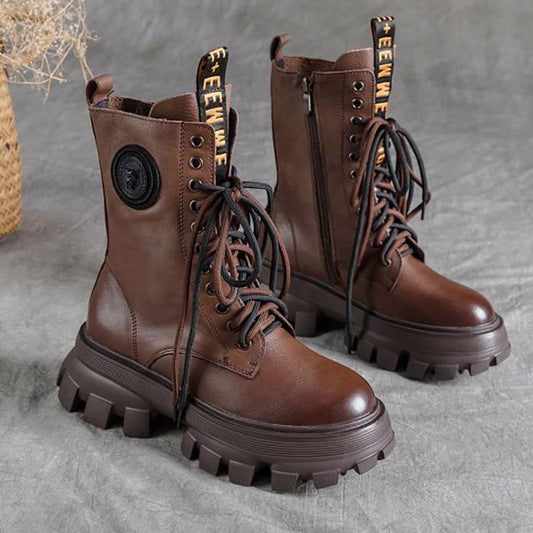 Leather Martin Boots Sponge Cake Thick-soled Round Toe Retro Mid-tube Boots Female British Style Boots Winter Snow Boots Plus Velvet Shoes