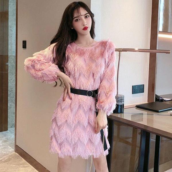 Spring and Autumn Sweet Round Neck Belt A-line Skirt Wavy Hairy Fringed Sweater Skirt Women