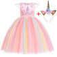 Girls Unicorn Tutu Dress Rainbow Princess Kids Party Dress Children Christmas Halloween Cosplay Costume with Headband Wings