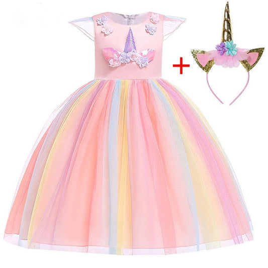 Girls Unicorn Tutu Dress Rainbow Princess Kids Party Dress Children Christmas Halloween Cosplay Costume with Headband Wings