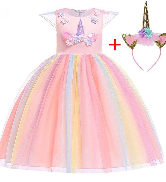 Girls Unicorn Tutu Dress Rainbow Princess Kids Party Dress Children Christmas Halloween Cosplay Costume with Headband Wings