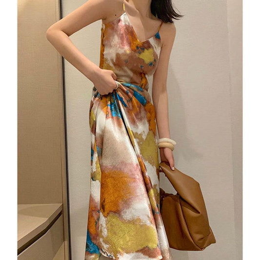 Women Sexy V Neck Maxi Dress Spaghetti Strap Dress Sleeveless Backless Long Painted Print Dress Lady Vestido