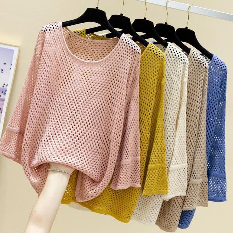 Summer Ice Silk Knitted Sunscreen Blouse Trumpet Net Shirt Top Hole Thin Women's Loose Hollow See-through Fabric Light and Breathable