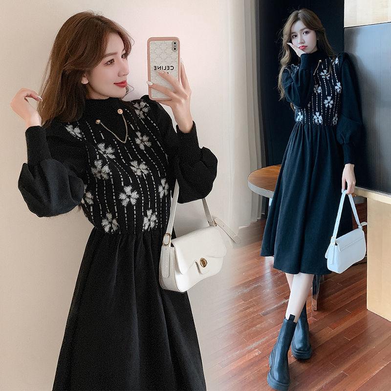 Sweater Autumn and Winter Knitted Stitching Thick Corduroy Dress Long Sleeves High Waist Slim Sweater Dress