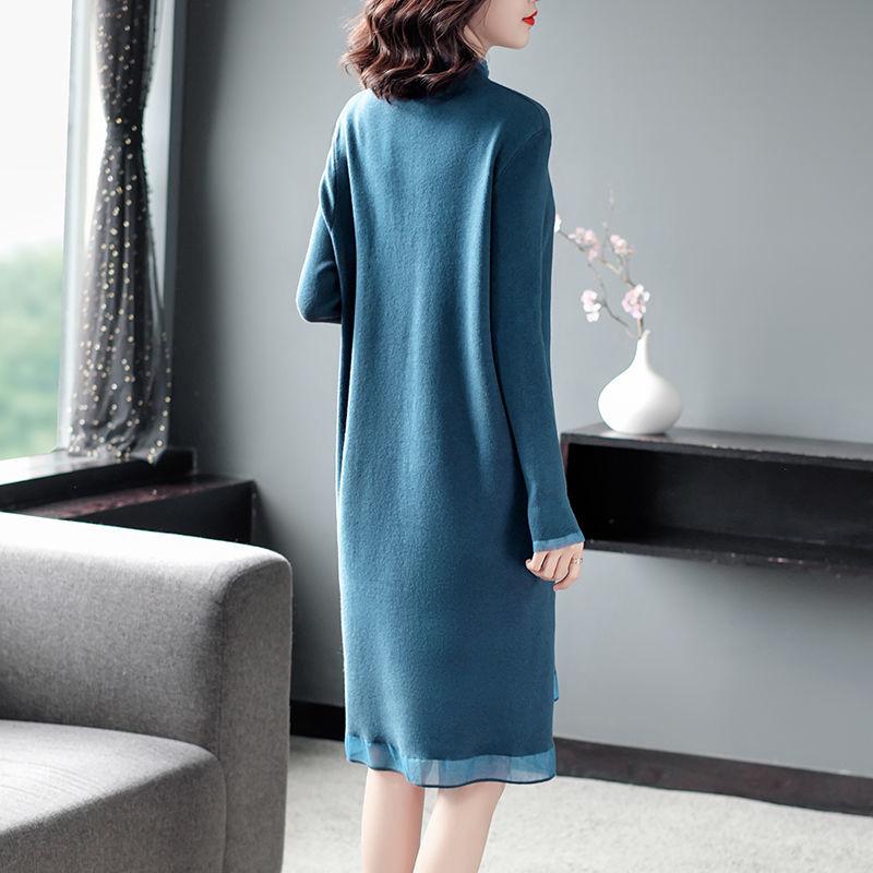 Half-high Neck Knitted Dress with Wooden Ears, Female Autumn and Winter Look Thin Temperament Long Sleeve Sweater Dress