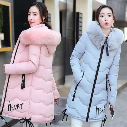 Down Jacket Winter Ladies Fashion Korean Big Fur Collar Thick Warm Hooded Mid-length Plus Size Cotton Jacket